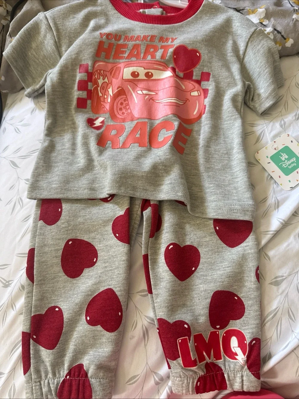Girls Grey and Red Heart Race Pajama Set NWT